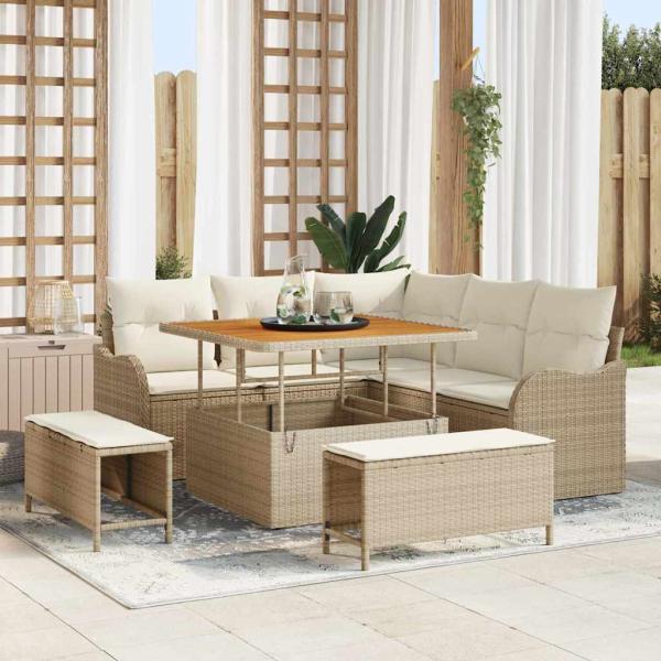 ARDEBO.de - 8-teiliges Garten-Sofa Set mit Kissen Beige Poly Rattan Akazie