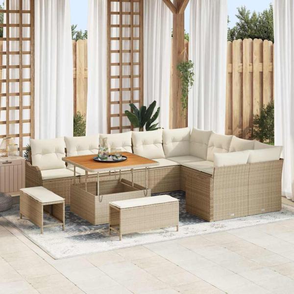 ARDEBO.de - 12-tlg. Garten-Sofagarnitur mit Kissen Beige Poly Rattan Akazie