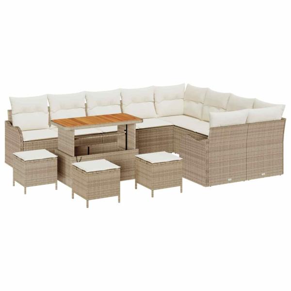 13-tlg. Garten-Sofagarnitur mit Kissen Beige Poly Rattan Akazie