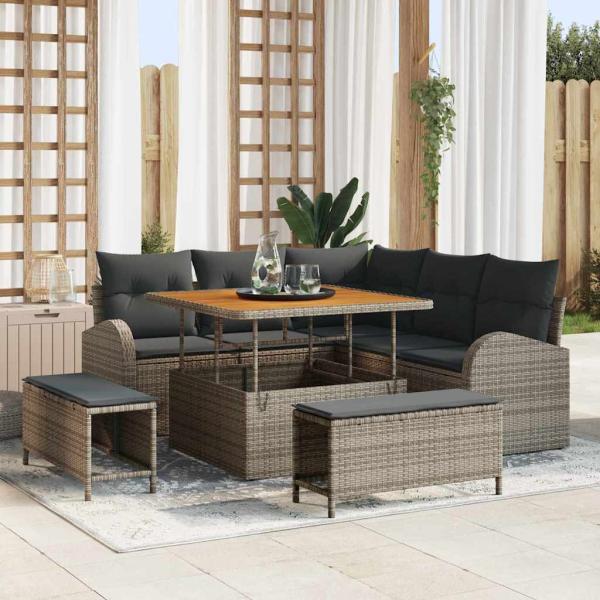ARDEBO.de - 8-Piece Garten Sofa Set mit Kissen Grau Poly Rattan Akazie