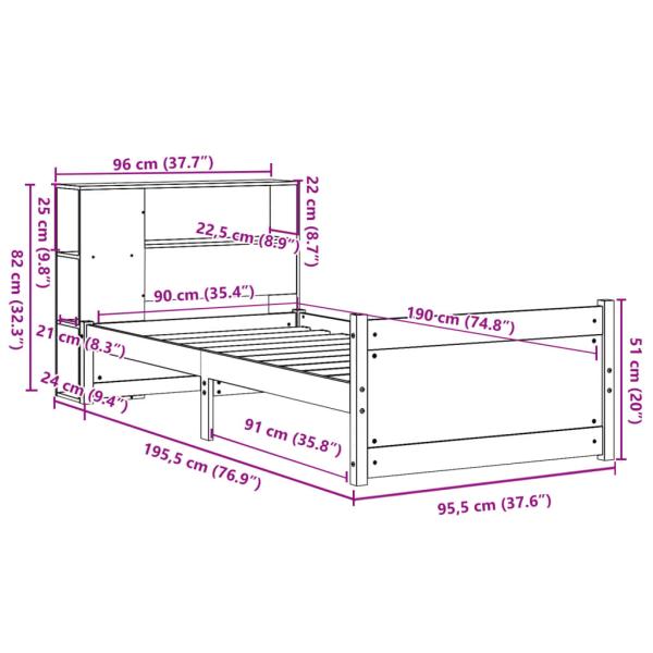 Massivholzbett mit Regal ohne Matratze Weiß 90x190 cm Kiefer
