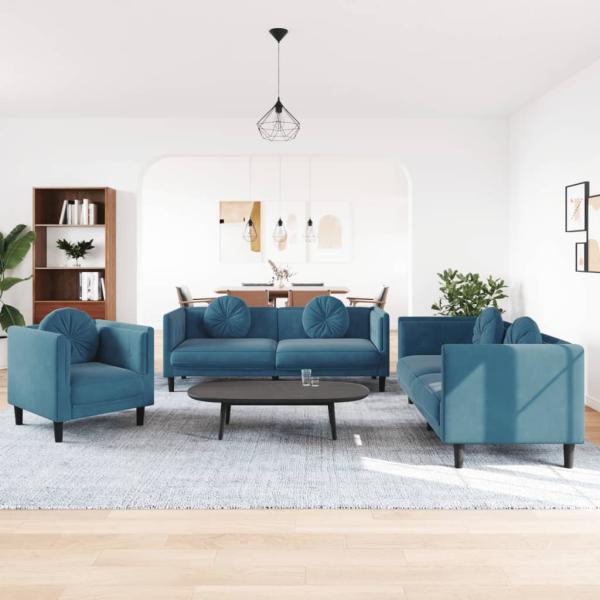 ARDEBO.de - 3-tlg. Sofagarnitur mit Kissen Blau Samt