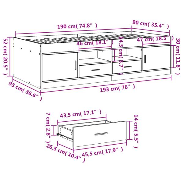 Tagesbett mit Schubladen ohne Matratze Betongrau 90x190 cm