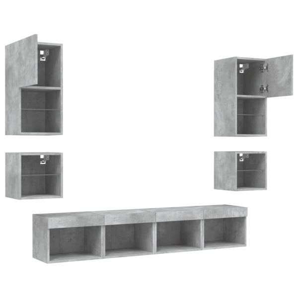 8-tlg. Wohnwand mit LED-Beleuchtung Betongrau Holzwerkstoff
