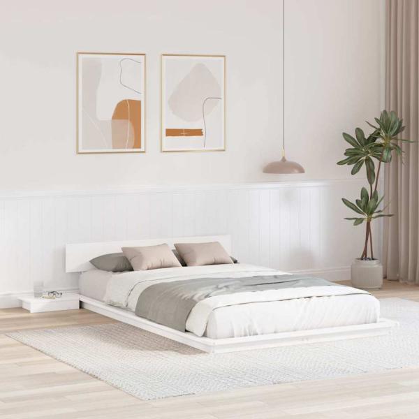 ARDEBO.de - Bodenbettgestell mit Nachttischen Weiß 140x190cm Massivholz