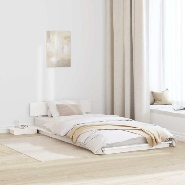 ARDEBO.de - Bodenbettrahmen mit Nachttischen Weiß 90x190cm Massivholz