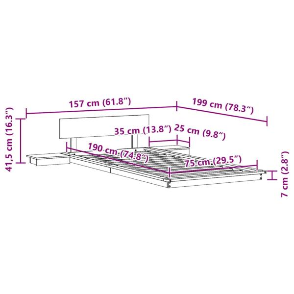Bodenbettgestell mit Nachttischen Wachsbrown 75x190cm Massivholz