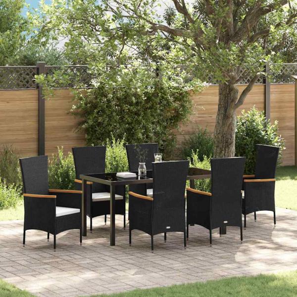 ARDEBO.de - 7-teiliges Garten-Dining-Set mit Kissen, schwarzes Poly-Rattan