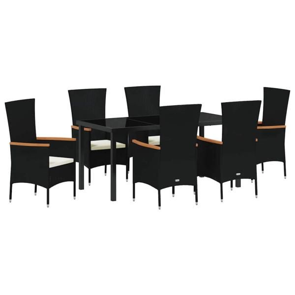 7-teiliges Garten-Dining-Set mit Kissen, schwarzes Poly-Rattan
