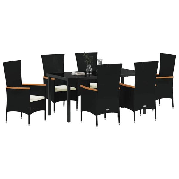 7-teiliges Garten-Dining-Set mit Kissen, schwarzes Poly-Rattan