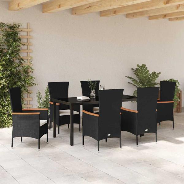 7-teiliges Garten-Dining-Set mit Kissen, schwarzes Poly-Rattan
