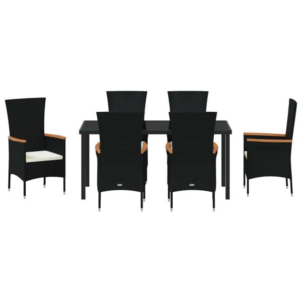 7-teiliges Garten-Dining-Set mit Kissen, schwarzes Poly-Rattan