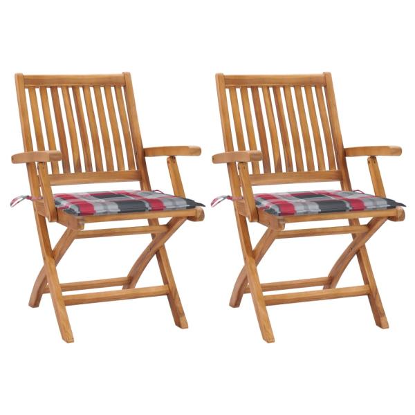 ARDEBO.de - Gartenstühle 2 Stk. Rote Karomuster-Kissen Massivholz Teak