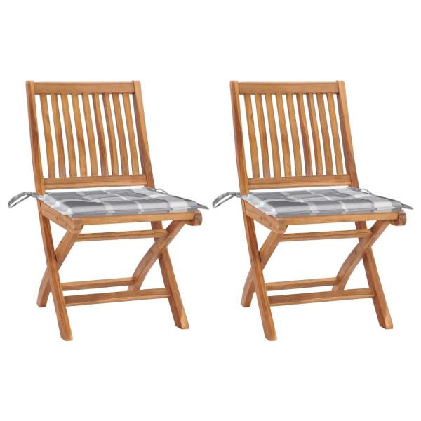 ARDEBO.de - Gartenstühle 2 Stk. Graue Karomuster-Kissen Massivholz Teak