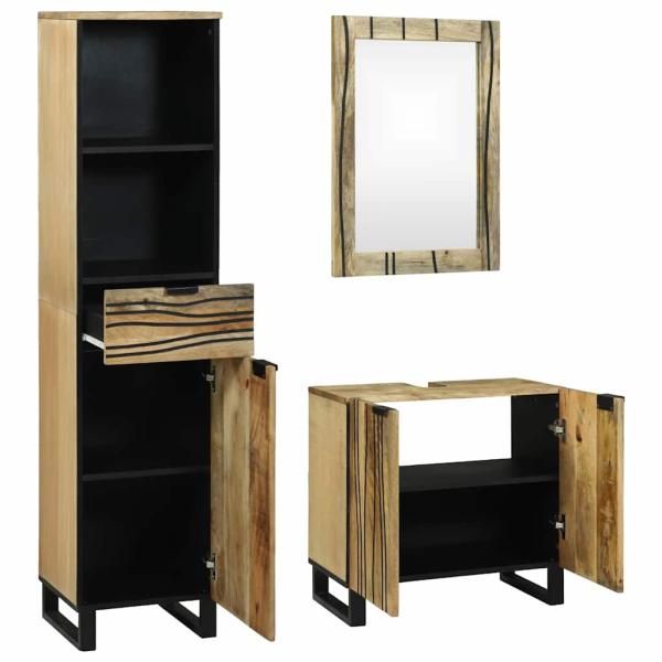 Badezimmermöbel Set 3 pcs Braun Hoch Massives Raues Mango Holz