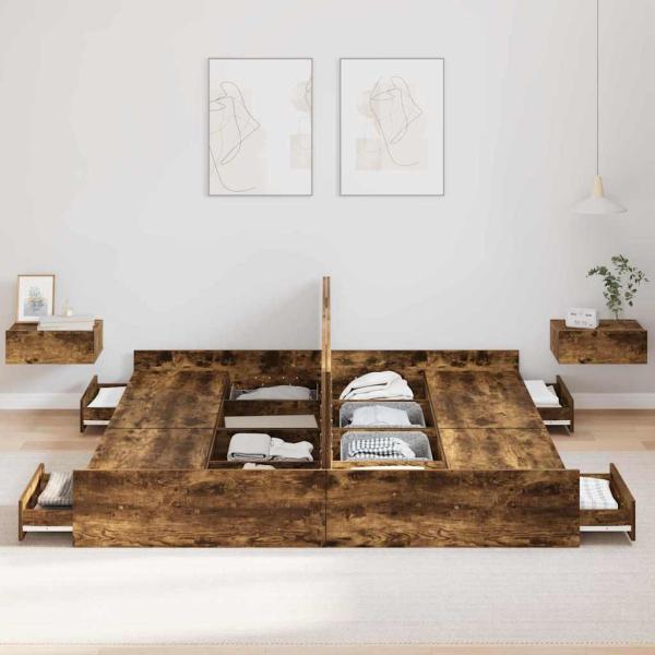 Bett mit Stauraum mit Schubladen mit Kopfteil mit Speicher Räuchereiche 200 x 200 cm