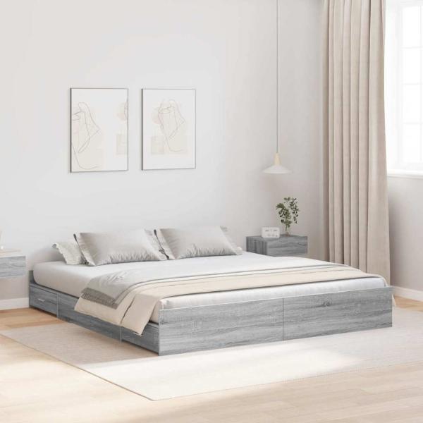 ARDEBO.de - Bett mit Stauraum mit Schubladen mit Kopfteil mit Speicher Grau Sonoma 200 x 200 cm