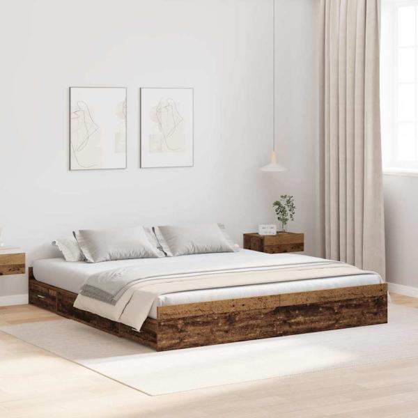 ARDEBO.de - Bett mit Stauraum mit Schubladen mit Kopfteil mit Speicher Altholz 200 x 200 cm