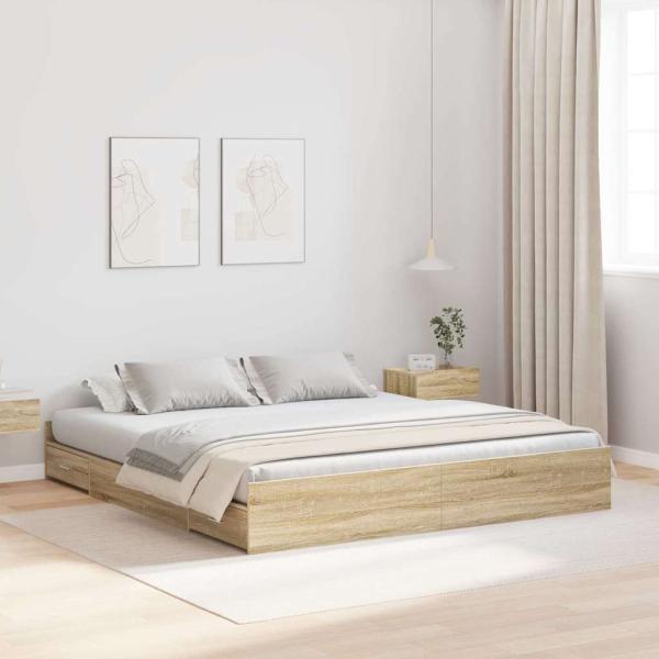ARDEBO.de - Bett mit Stauraum mit Schubladen mit Kopfteil mit Speicher Sonoma Eiche 180 x 200 cm
