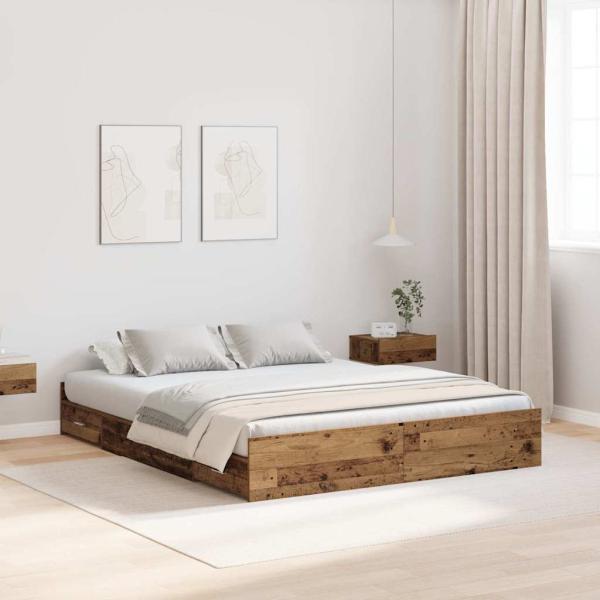 ARDEBO.de - Bett mit Stauraum mit Schubladen mit Kopfteil mit Speicher Altholz 160 x 200 cm