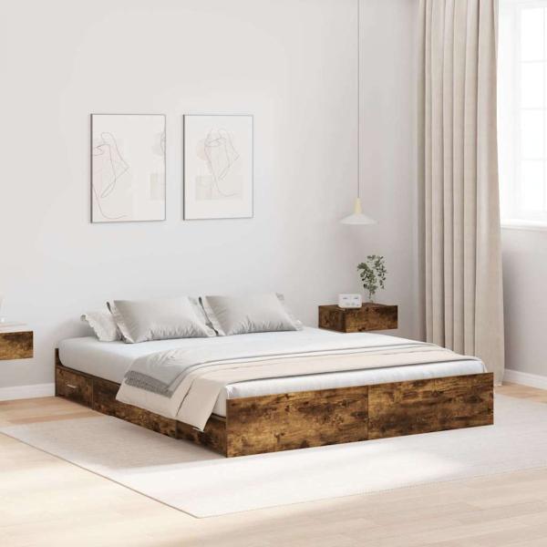 ARDEBO.de - Bett mit Stauraum mit Schubladen mit Kopfteil mit Speicher Räuchereiche 140 x 200 cm