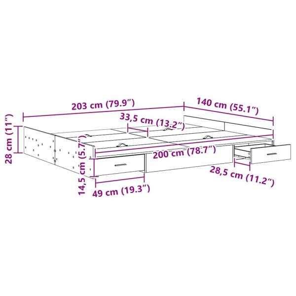 Bett mit Stauraum mit Schubladen mit Kopfteil mit Speicher Altholz 140 x 200 cm