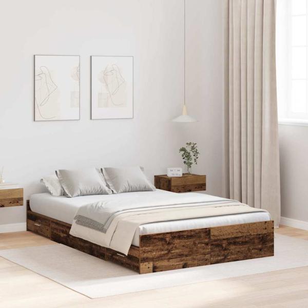 Bett mit Stauraum mit Schubladen mit Kopfteil mit Speicher Altholz 120 x 200 cm Holz