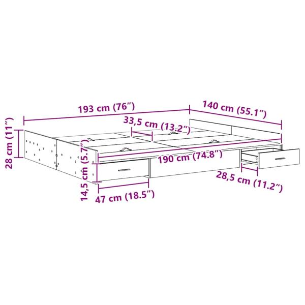 Bett mit Stauraum mit Schubladen mit Kopfteil mit Speicher Betongrau 140 x 190 cm Melamin