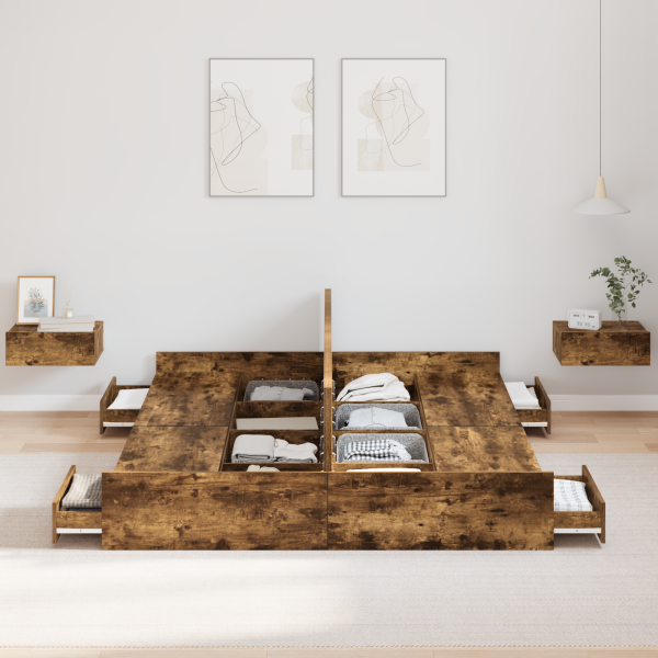 Bett mit Stauraum mit Schubladen mit Kopfteil mit Speicher Räuchereiche 140 x 190 cm