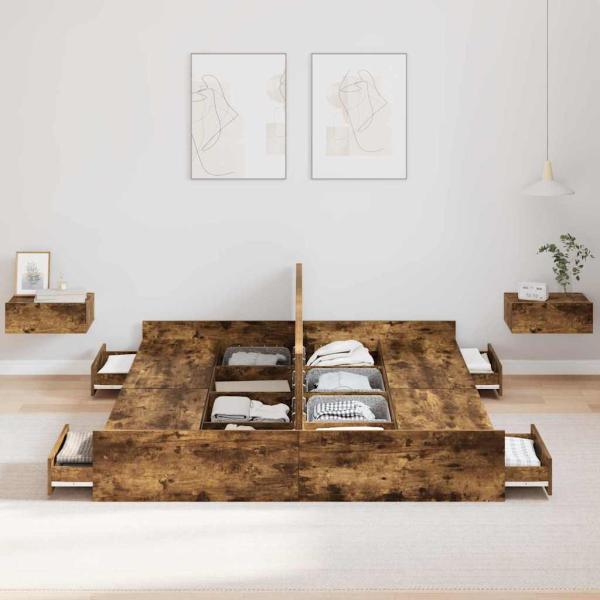 Bett mit Stauraum mit Schubladen mit Kopfteil mit Speicher Räuchereiche 135 x 190 cm Holz