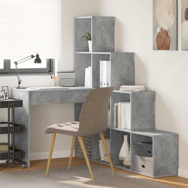 ARDEBO.de - Eckschreibtisch mit Regal mit Speicher Betongrau 101,5 x 149,5 x 149,5 cm