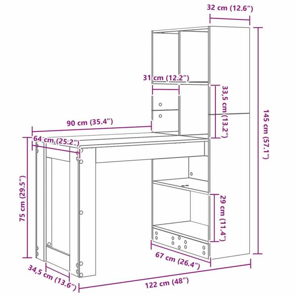 Schreibtisch mit Regal mit Speicher Graues Sonoma 122 x 67 x 145 cm