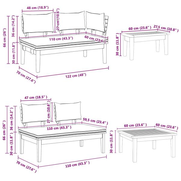 Gartenbänke Set mit Kissen 4 pcs Braun und Dunkelgrau und Braun
