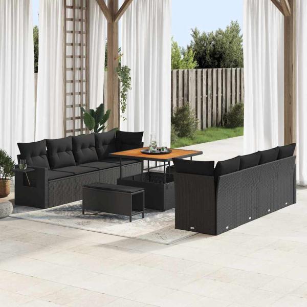 Garten-Sofa-Set mit Kissen mit Speicher mit Kissen 11 pcs Schwarz Poly Rattan