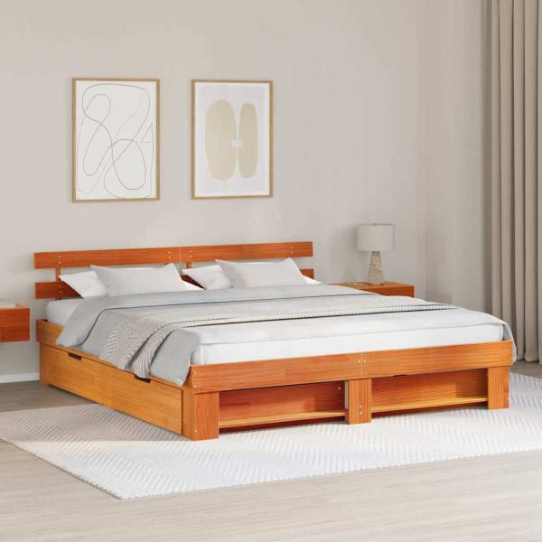 ARDEBO.de - Bettgestell mit Schubladen mit Kopfteil mit Speicher Wachsbraun 200 x 200 cm Massivkiefer