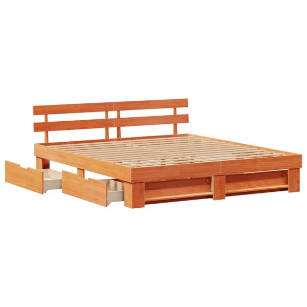 Bettgestell mit Schubladen mit Kopfteil mit Speicher Wachsbraun 200 x 200 cm Massivkiefer