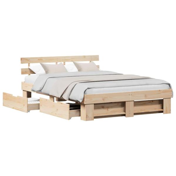 Bettgestell mit Schubladen mit Kopfteil mit Speicher Braun 150 x 200 cm Massivkiefer