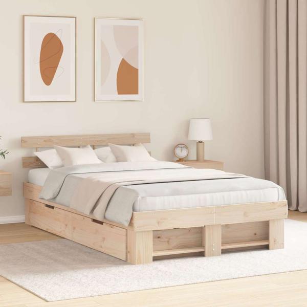 ARDEBO.de - Bettgestell mit Schubladen mit Kopfteil mit Speicher Braun 120 x 200 cm Kiefernholz