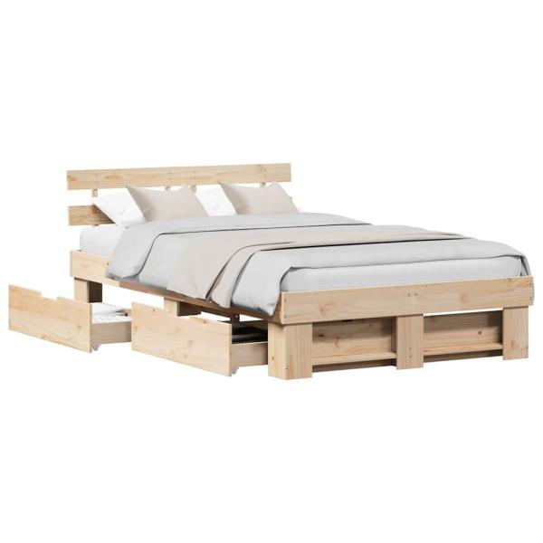 Bettgestell mit Schubladen mit Kopfteil mit Speicher Braun 120 x 200 cm Kiefernholz