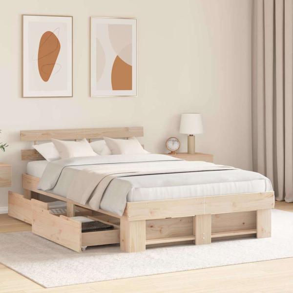 Bettgestell mit Schubladen mit Kopfteil mit Speicher Braun 120 x 200 cm Kiefernholz
