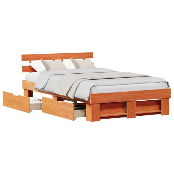 Bettgestell mit Schubladen mit Kopfteil mit Speicher Wachsbraun 120 x 200 cm Massivholz