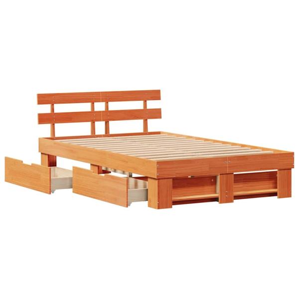 Bettgestell mit Schubladen mit Kopfteil mit Speicher Wachsbraun 120 x 200 cm Massivholz