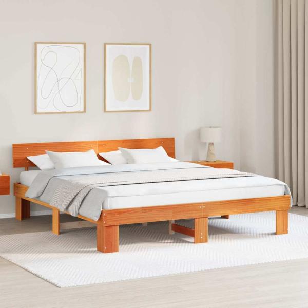 ARDEBO.de - Bettgestell mit Kopfteil Wachsbraun 200 x 200 cm Massivkiefer