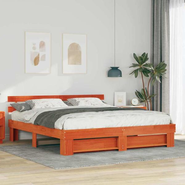 ARDEBO.de - Bettgestell mit Kopfteil Braun 200 x 200 cm Massivholz Kiefer