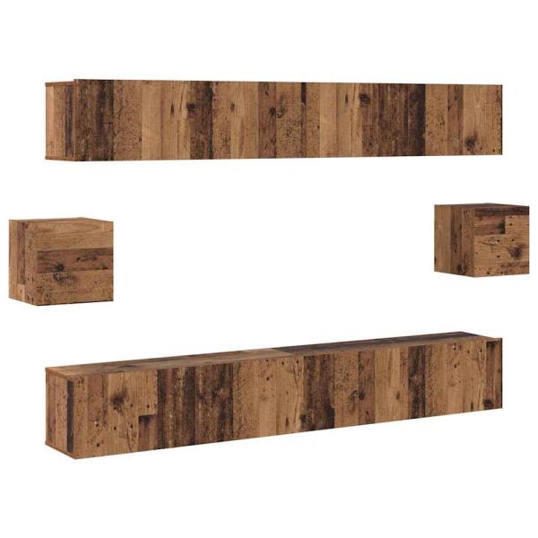 TV-Schrank-Set mit Regal Wandmontiert mit Speicher mit Tür 6 pcs Altholz 100 x 30 x 30 cm Holz
