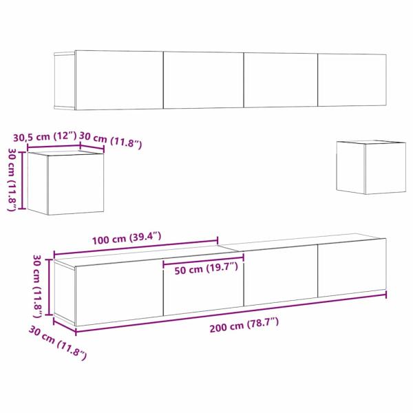 TV-Schrank-Set mit Regal Wandmontiert mit Speicher mit Tür 6 pcs Altholz 100 x 30 x 30 cm Holz