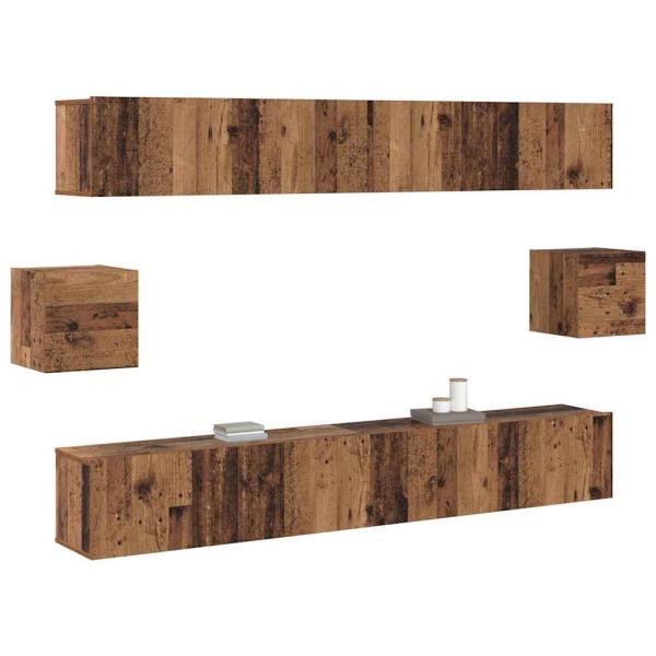 TV-Schrank-Set mit Regal Wandmontiert mit Speicher mit Tür 6 pcs Altholz 100 x 30 x 30 cm Holz