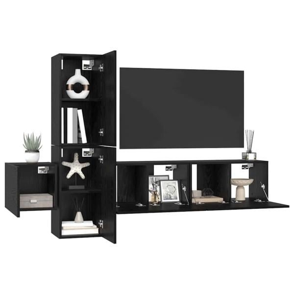 TV-Schrank-Set mit Regal Wandmontiert mit Speicher mit Tür 5 pcs Schwarze Eiche Holzwerkstoff