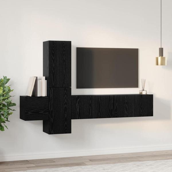 TV-Schrank-Set mit Regal Wandmontiert mit Speicher mit Tür 5 pcs Schwarze Eiche Holzwerkstoff