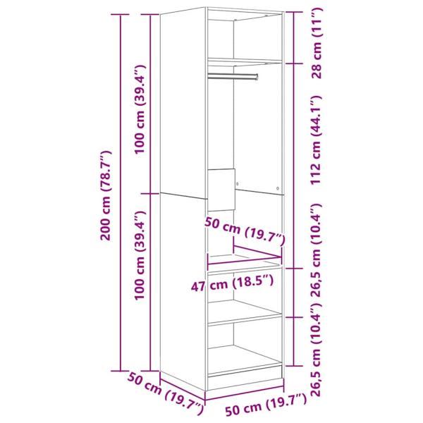 Kleiderschrank mit Regal mit Speicher Eiche handwerklich 50 x 50 x 200 cm